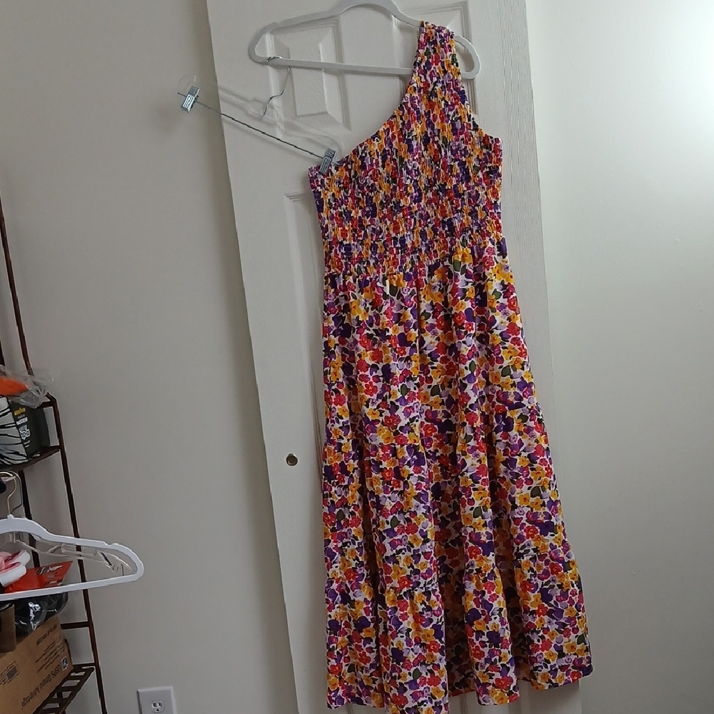 Colorful Floral One-Shoulder Smocked Maxi ‎ Dress Size L